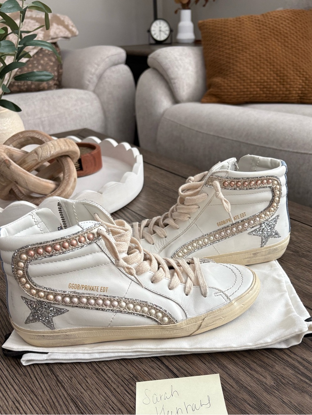 Golden Goose White High-Top Sneakers with Silver Star & Pearl Trim

Size 38